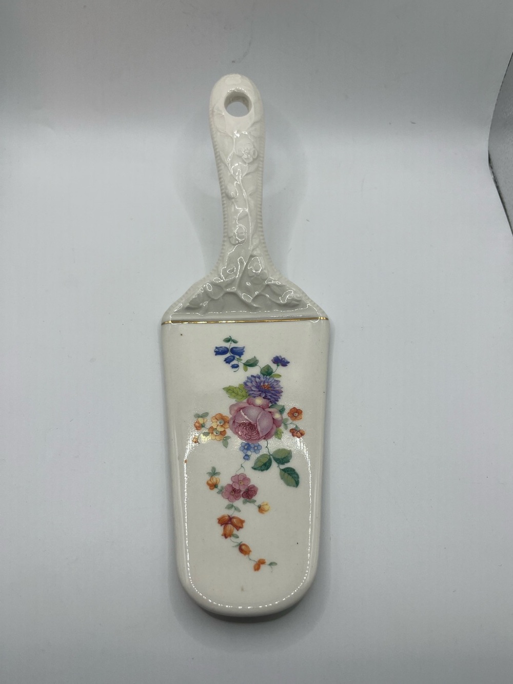 Floral Porcelain Pastry Server - Pink Rose Design. Detailed handle.